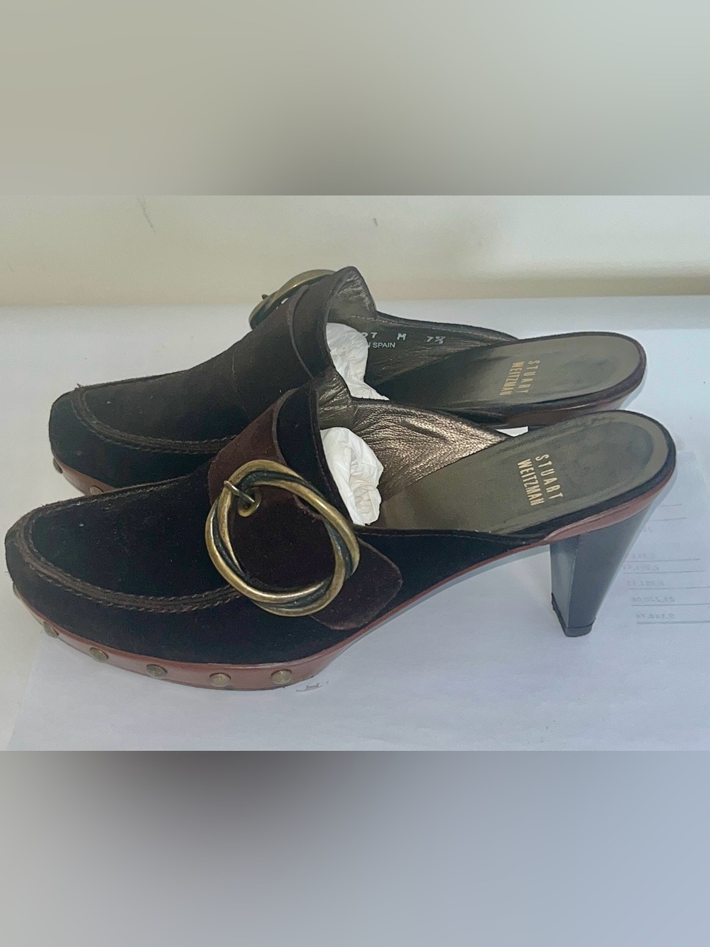 Stuart Weizmann Dark Brown Suede Clogs with brass studs and buckle. Size 7 1/2